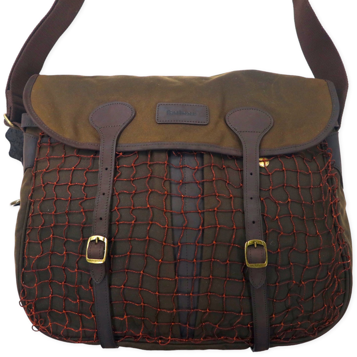 BARBOUR Fishing Bag Oiled Shoulder Bag Brown Cotton Leather Net 
