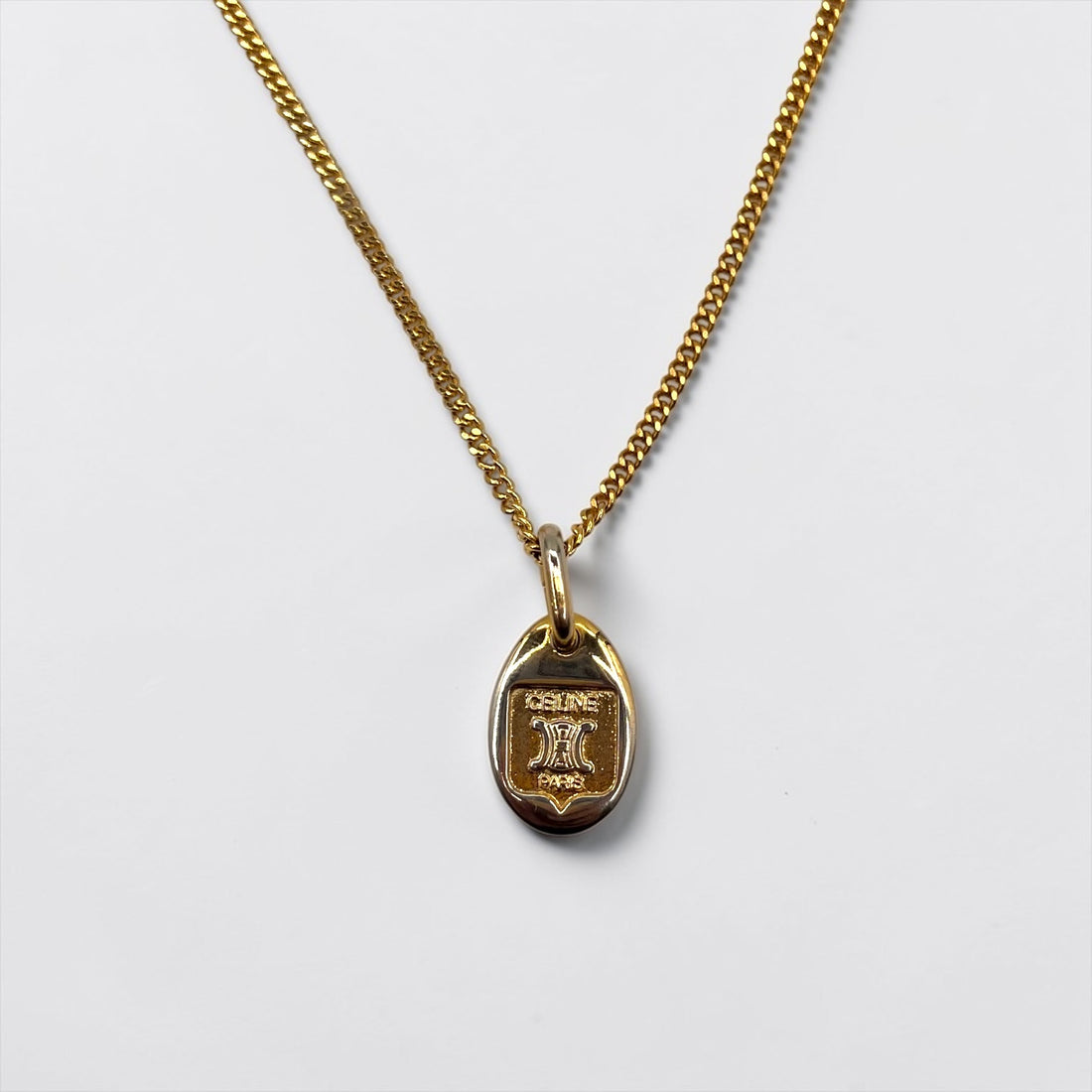 CELINE ヴィンテージ トリオンフ チェーン ネックレス ペンダント K18GF ゴールド マカダム ロゴ オーバル プレート