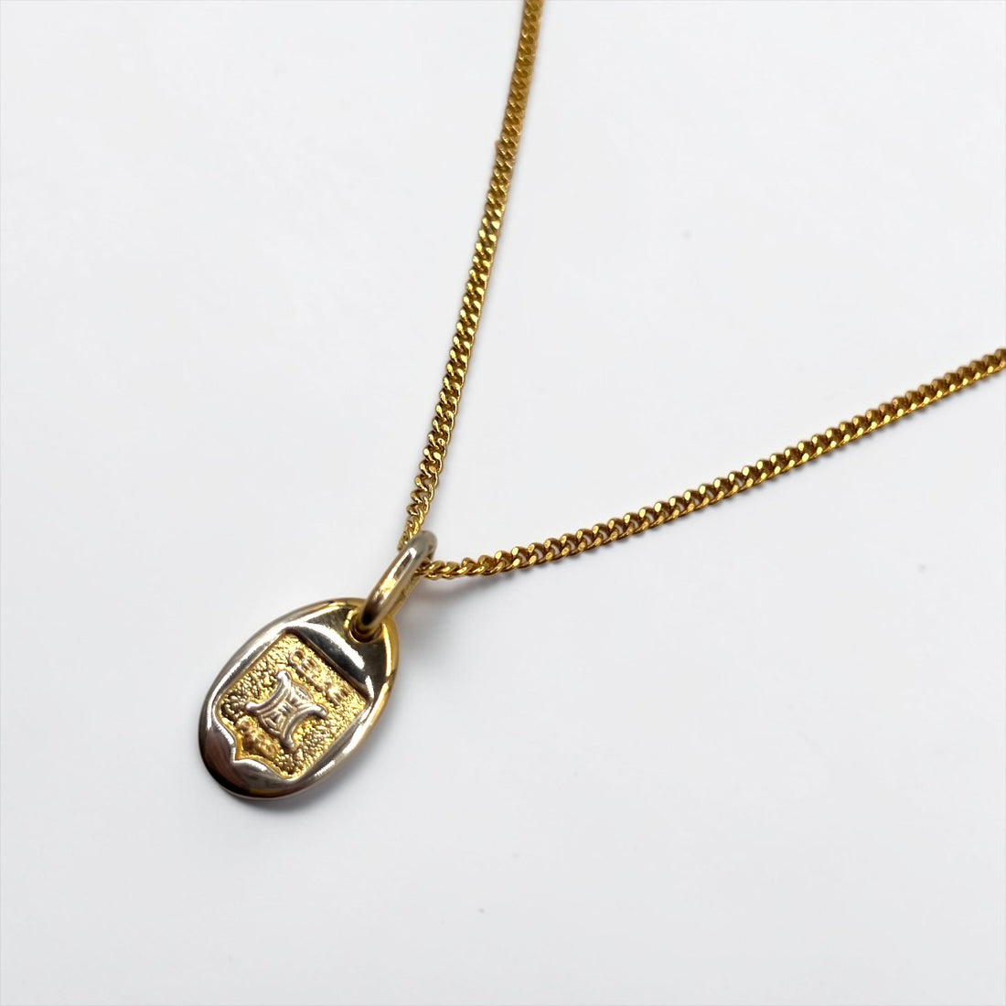 CELINE ヴィンテージ トリオンフ チェーン ネックレス ペンダント K18GF ゴールド マカダム ロゴ オーバル プレート