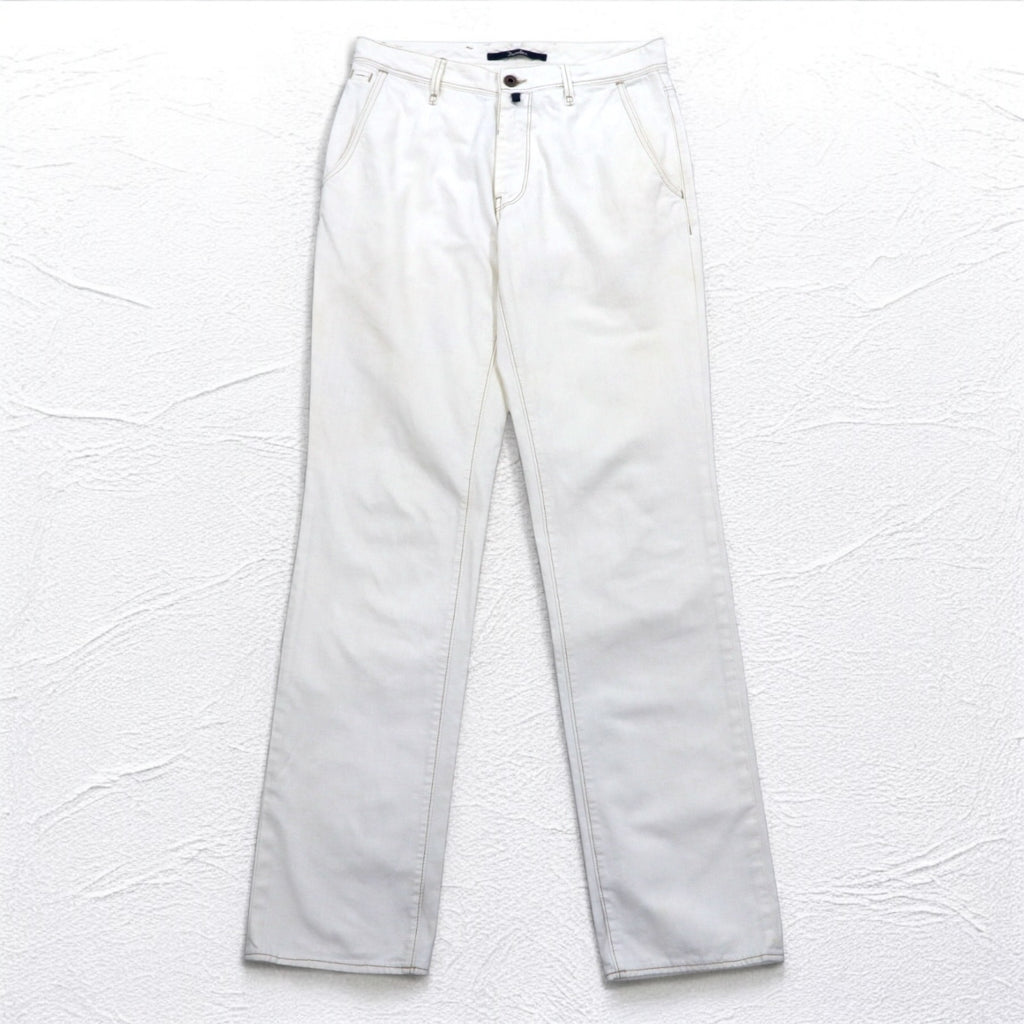 INCOTEX Romanian denim pants, M, white, cotton, TOMM SLIM, leather patch, zipper fly