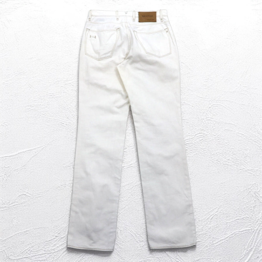 INCOTEX Romanian denim pants, M, white, cotton, TOMM SLIM, leather patch, zipper fly