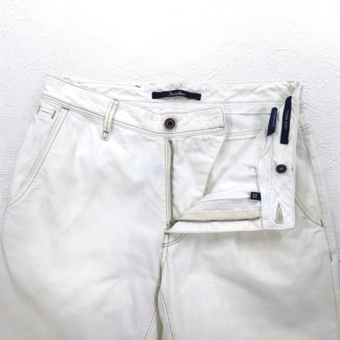 INCOTEX Romanian denim pants, M, white, cotton, TOMM SLIM, leather patch, zipper fly