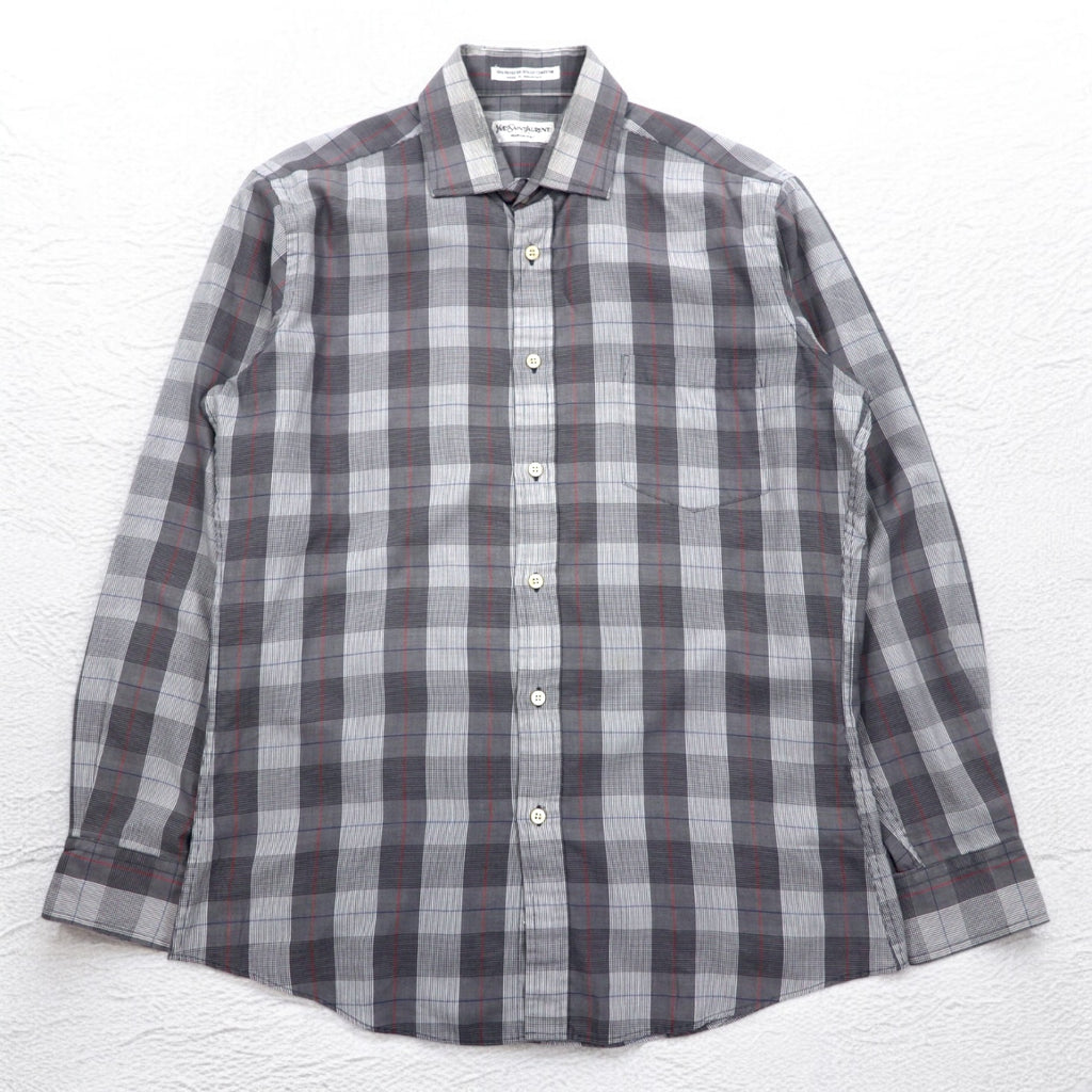 YVES SAINT LAURENT 90年代 オールド ワイドカラー シャツ M グレー チェック ポリエステル コットン