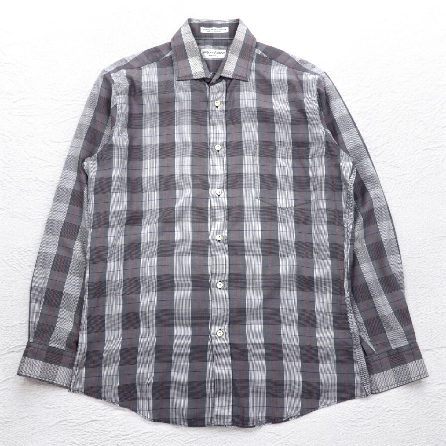 YVES SAINT LAURENT 90年代 オールド ワイドカラー シャツ M グレー チェック ポリエステル コットン