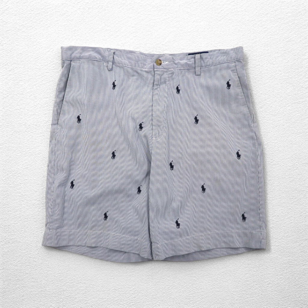 POLO RALPH LAUREN シアサッカー ショートパンツ ハーフパンツ L ストライプ ブルー ホワイト CLASSIC FIT 刺繍 オールオーバーポニー