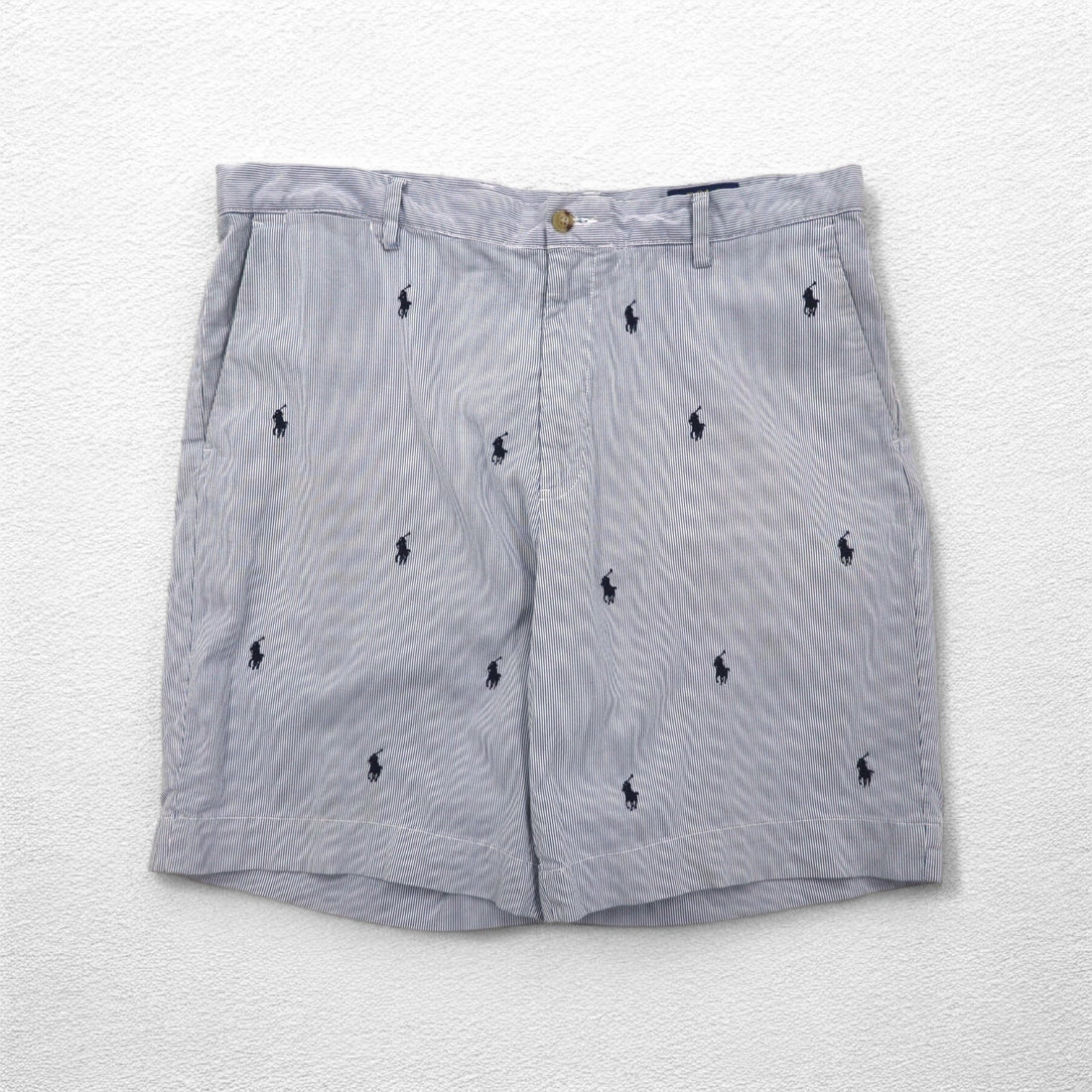 POLO RALPH LAUREN シアサッカー ショートパンツ ハーフパンツ L ストライプ ブルー ホワイト CLASSIC FIT 刺繍 オールオーバーポニー