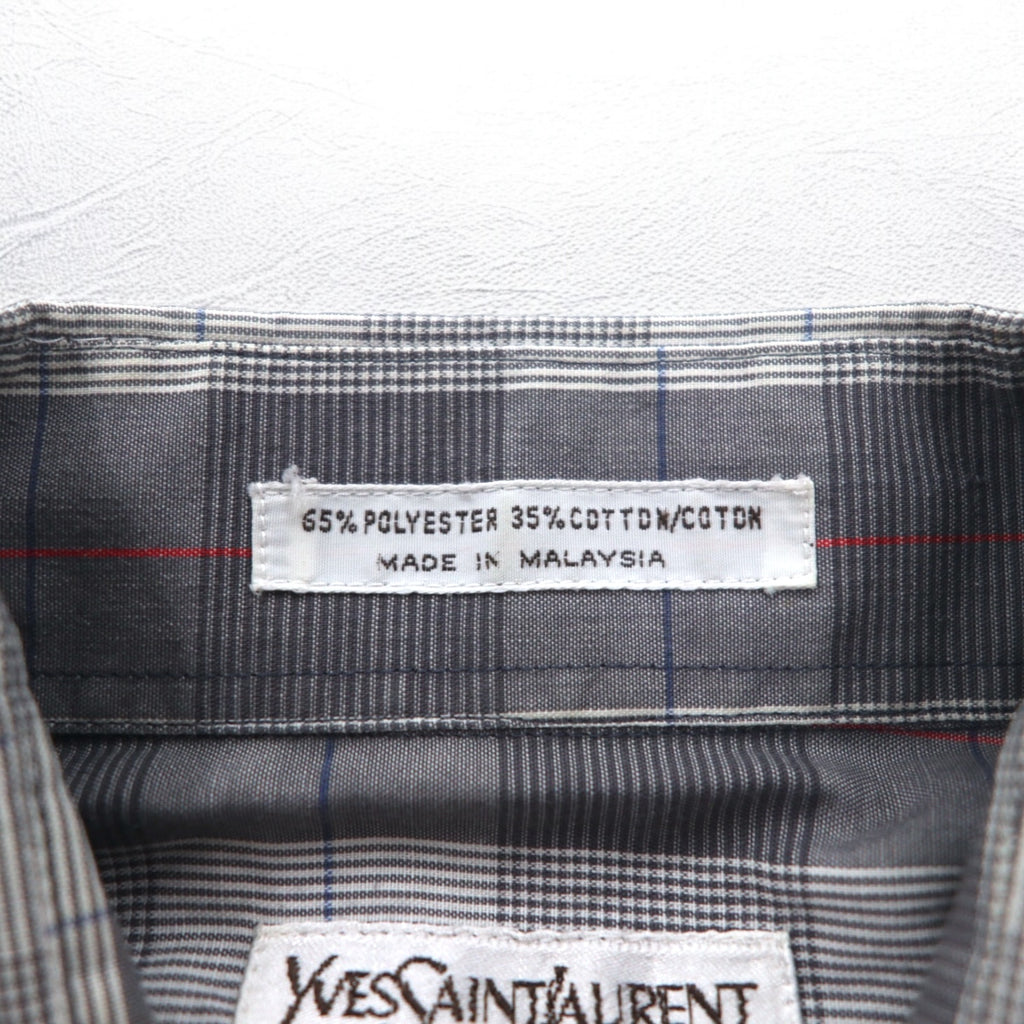 YVES SAINT LAURENT 90年代 オールド ワイドカラー シャツ M グレー チェック ポリエステル コットン