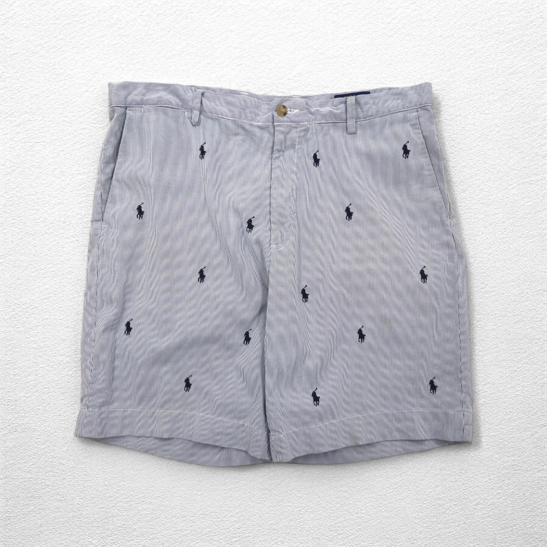 POLO RALPH LAUREN シアサッカー ショートパンツ ハーフパンツ L ストライプ ブルー ホワイト CLASSIC FIT 刺繍 オールオーバーポニー