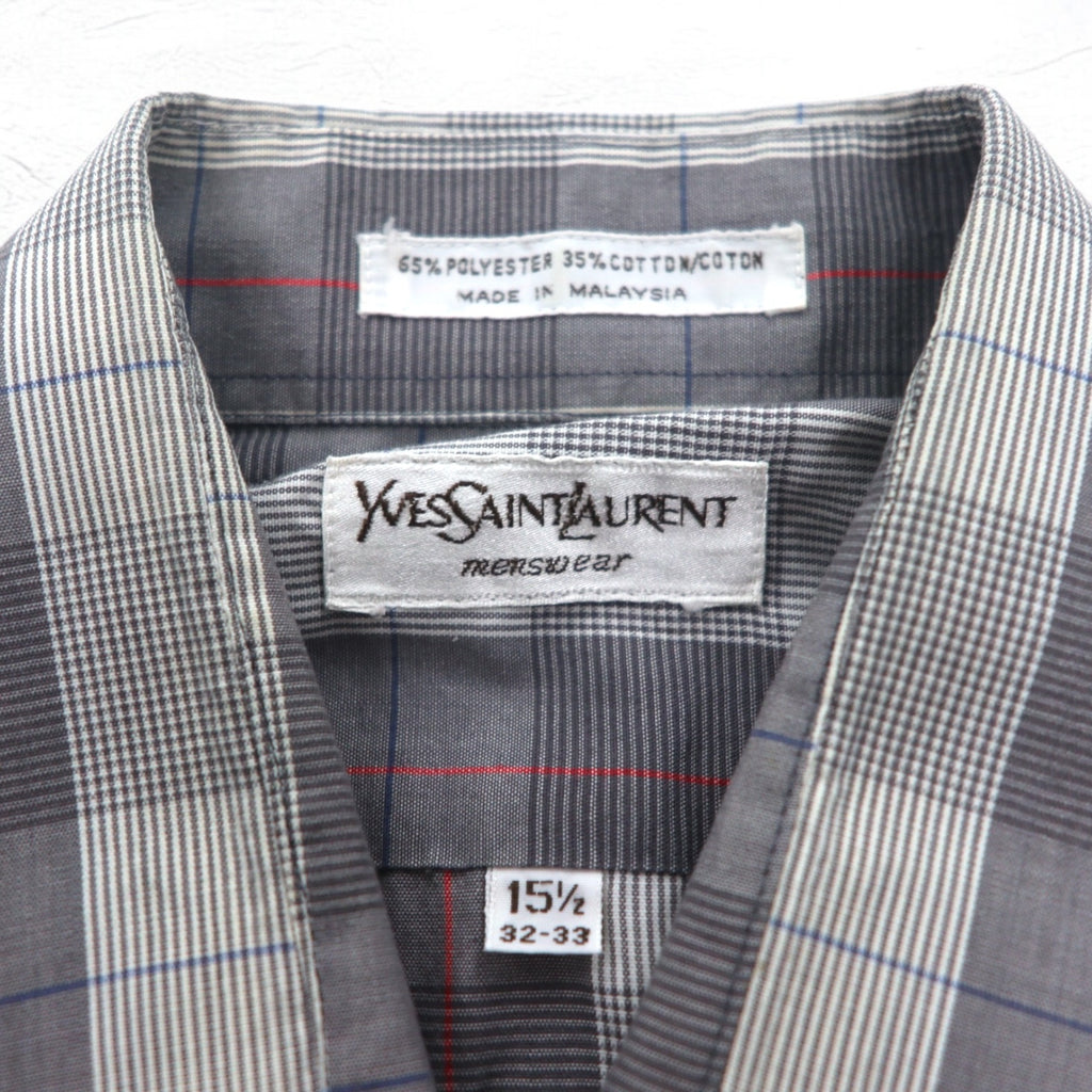 YVES SAINT LAURENT 90年代 オールド ワイドカラー シャツ M グレー チェック ポリエステル コットン