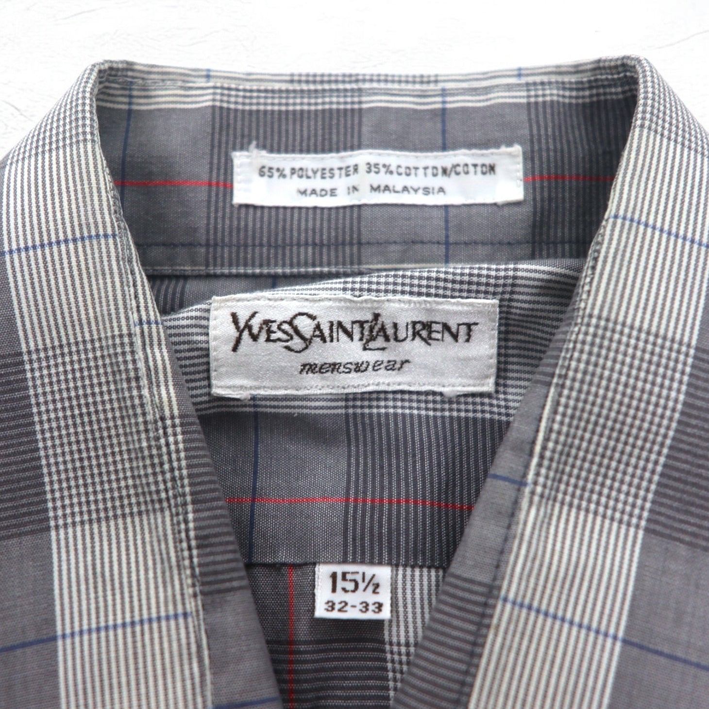 YVES SAINT LAURENT 90年代 オールド ワイドカラー シャツ M グレー チェック ポリエステル コットン