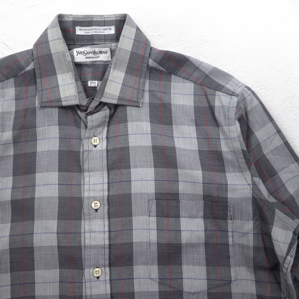 YVES SAINT LAURENT 90年代 オールド ワイドカラー シャツ M グレー チェック ポリエステル コットン