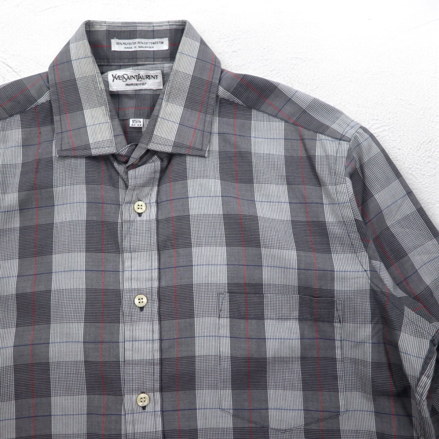 YVES SAINT LAURENT 90年代 オールド ワイドカラー シャツ M グレー チェック ポリエステル コットン