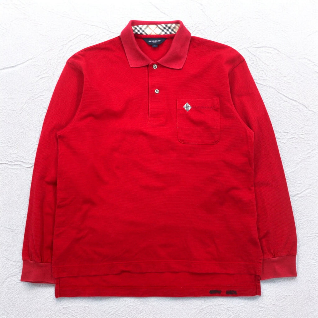 BURBERRY GOLF Long Sleeve Polo Shirt S Red Cotton Chest Pocket One Point Logo Embroidery