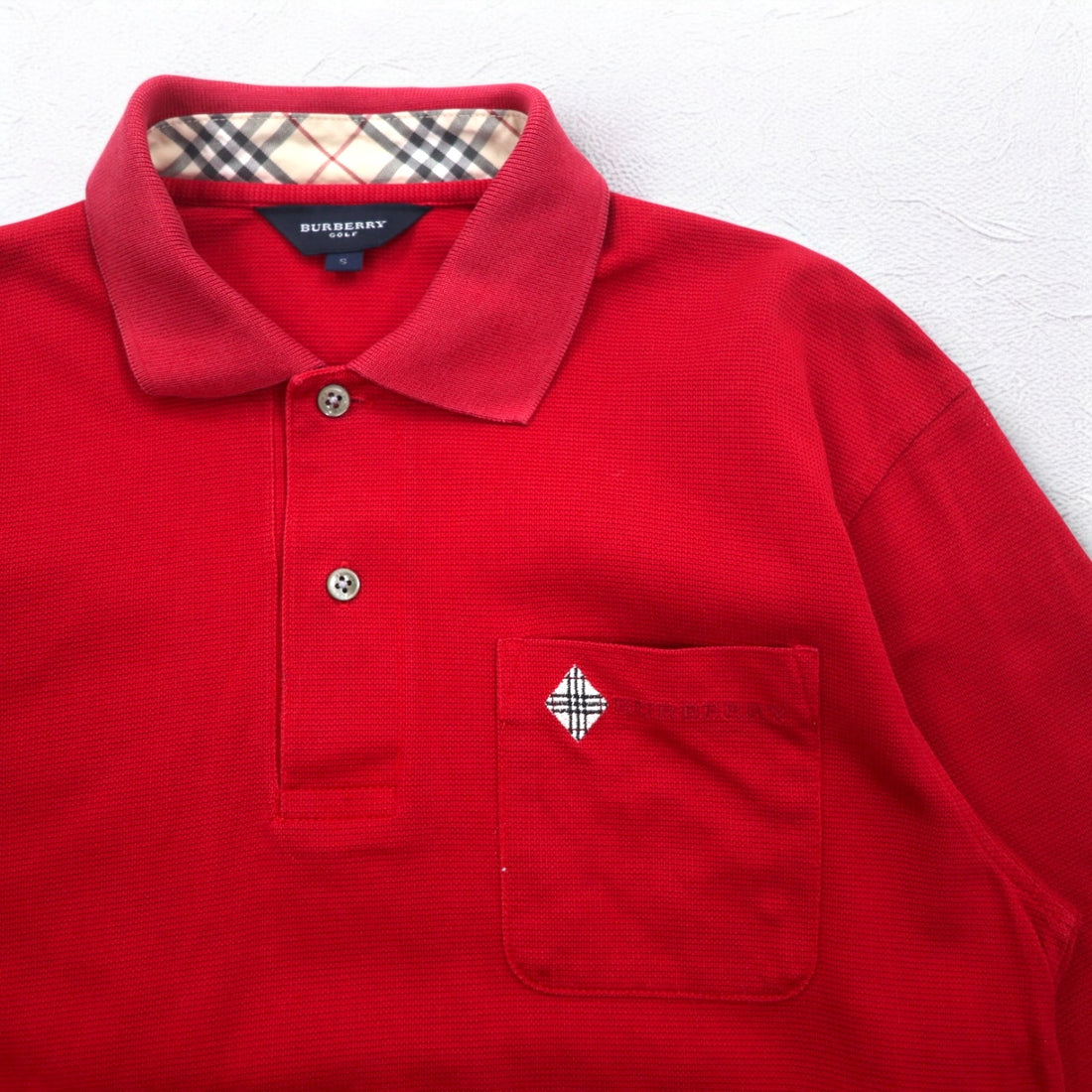 BURBERRY GOLF Long Sleeve Polo Shirt S Red Cotton Chest Pocket One Point Logo Embroidery