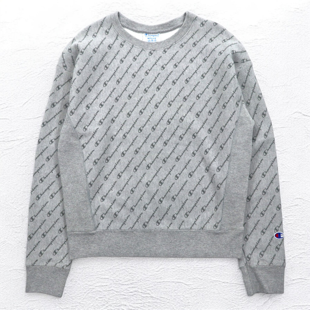 Champion Reverse Weave All-Over Print Sweatshirt, XL, Gray, Blue Single Tag, Reprint, Made in Honduras