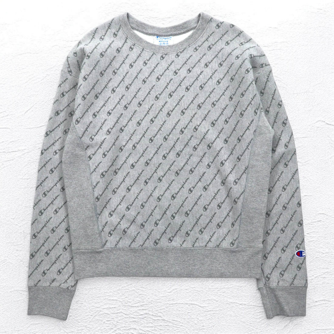 Champion Reverse Weave All-Over Print Sweatshirt, XL, Gray, Blue Single Tag, Reprint, Made in Honduras
