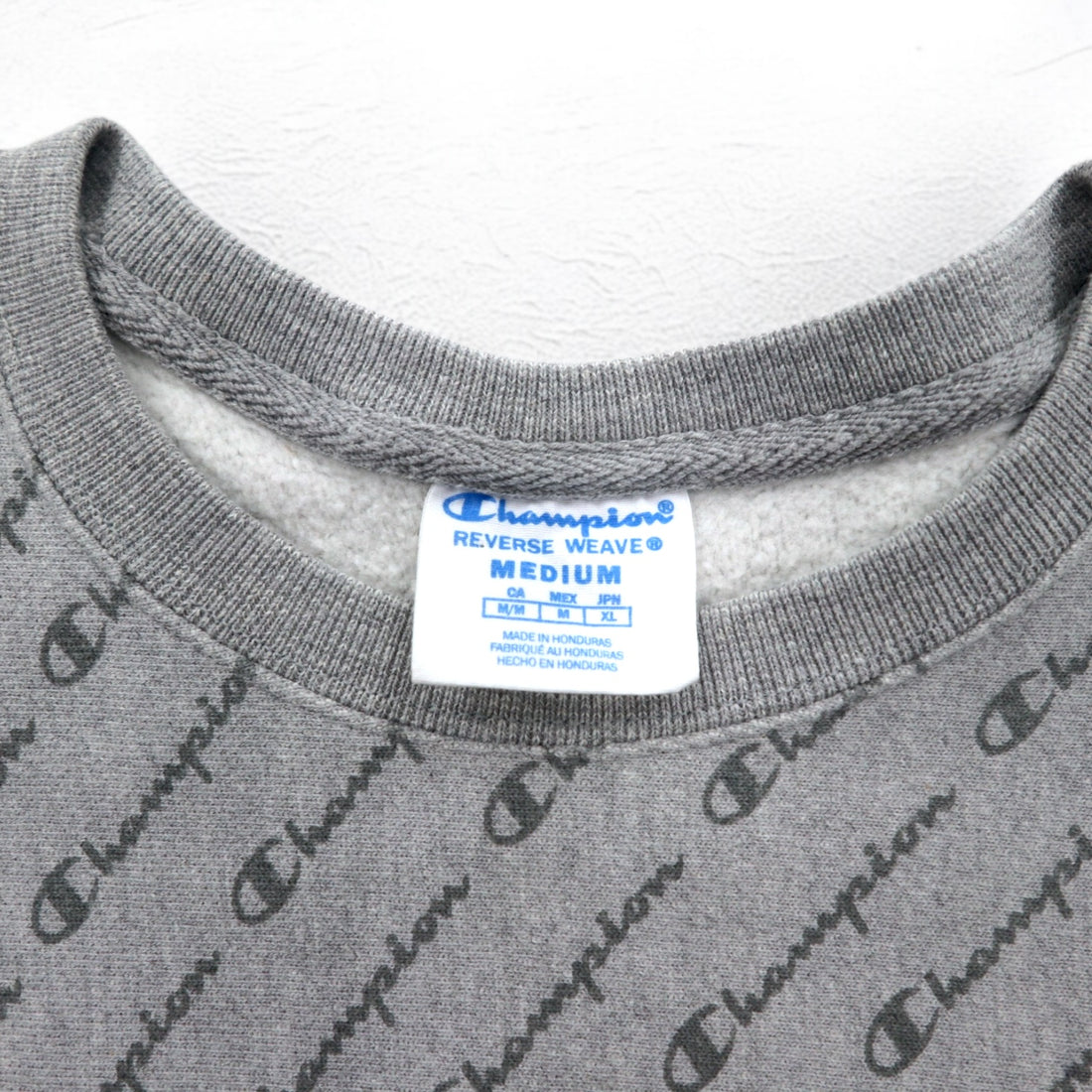 Champion Reverse Weave All-Over Print Sweatshirt, XL, Gray, Blue Single Tag, Reprint, Made in Honduras