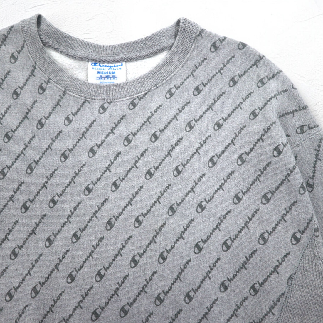 Champion Reverse Weave All-Over Print Sweatshirt, XL, Gray, Blue Single Tag, Reprint, Made in Honduras