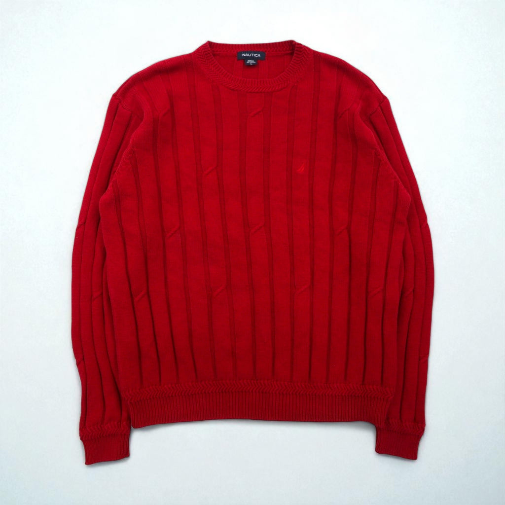 NAUTICA 90年代 ケーブル編み コットンニット セーター L レッド ローゲージ
