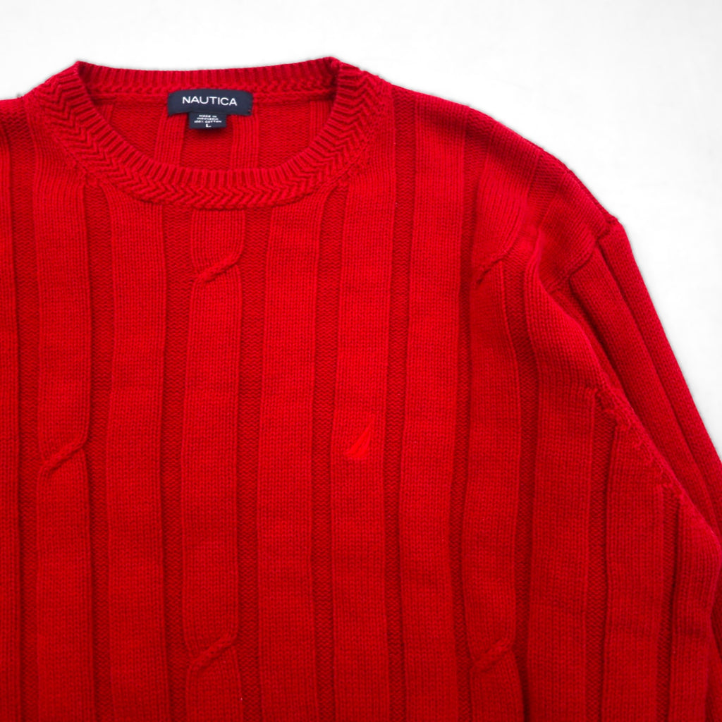 NAUTICA 90年代 ケーブル編み コットンニット セーター L レッド ローゲージ