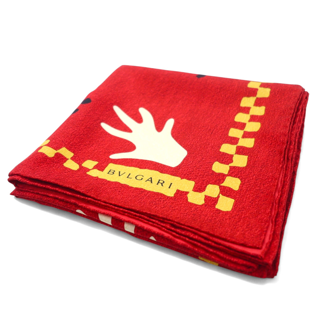 BVLGARI Italian Silk Scarf Red All-over Print Davide Pizzigoni Hand Motif