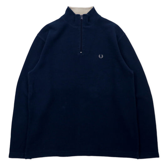 FRED PERRY ハーフジップ コットン リブニット セーター M ネイビー ワンポイントロゴ刺繍 M6211 ポルトガル製