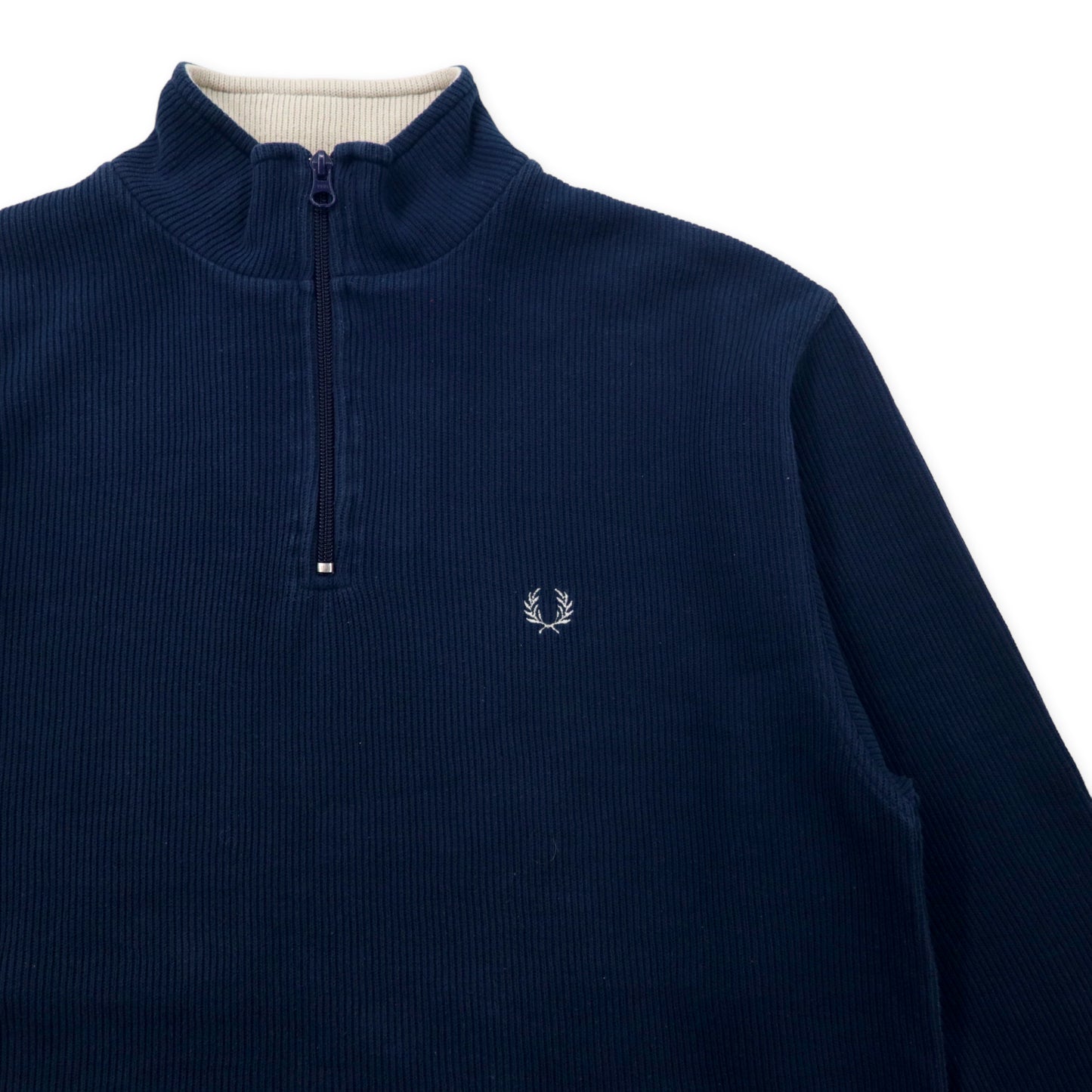 FRED PERRY ハーフジップ コットン リブニット セーター M ネイビー ワンポイントロゴ刺繍 M6211 ポルトガル製