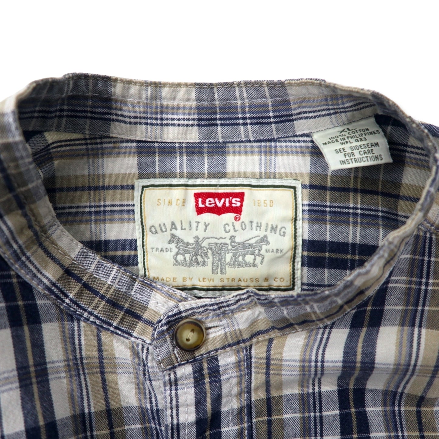 Levi's 90年代 バンドカラーシャツ XL ベージュ ネイビー チェック コットン