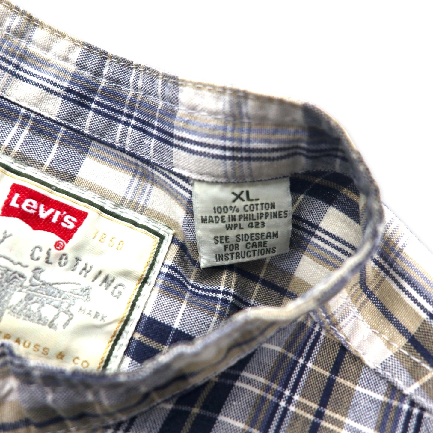 Levi's 90年代 バンドカラーシャツ XL ベージュ ネイビー チェック コットン