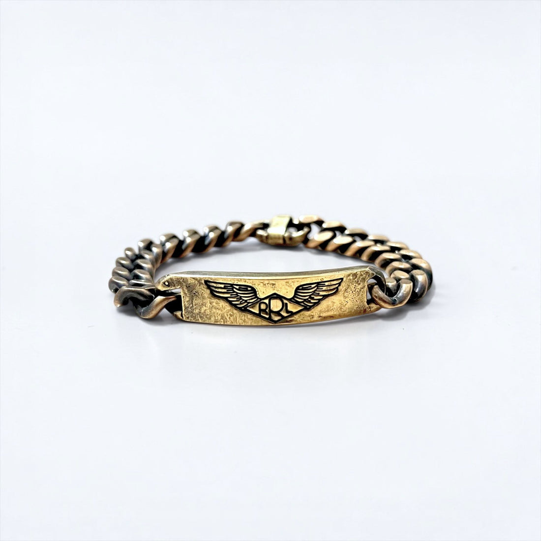 RRL ( Ralph Lauren ) ソリッドブラス ID 喜平 チェーン ブレスレット 真鍮 ウイングドロゴ 羽根付き プレート USA製 ヴィンテージ エイジング 腐食加工