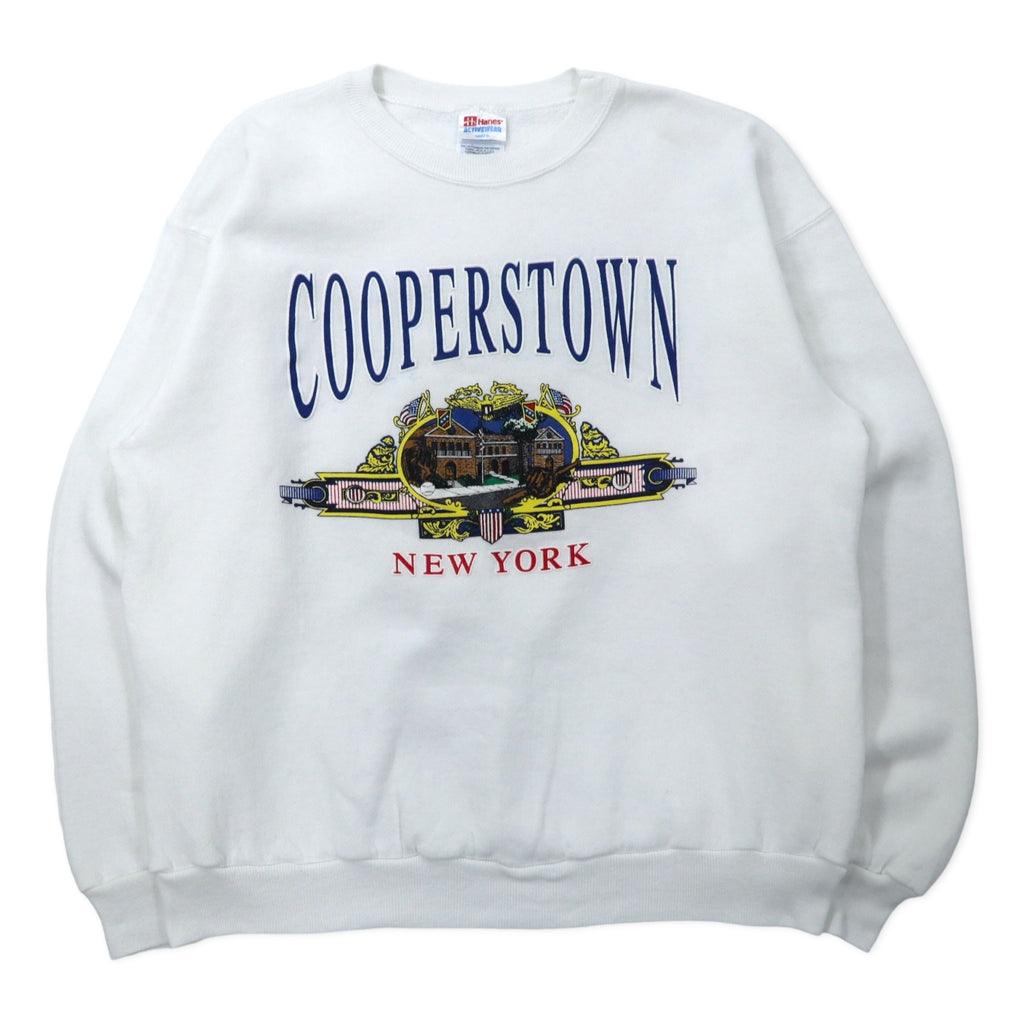 日本然リトテ-古着オンライン-Hanes USA製 90年代 ACTIVEWEAR プリント スウェット XL ホワイト コットン 裏起毛 COOPERSTOWN-Hanes USA Made 90's ACTIVEWEAR Print Sweatshirt XL White Cotton brushed lining COOPERSTOWN