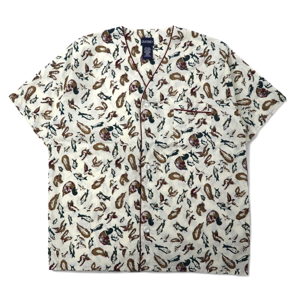 日本然リトテ-古着オンライン-90年代 puritan ノーカラー 半袖シャツ L ベージュ コットン 総柄 魚 カモ-90's puritan collarless short sleeve shirt L beige cotton patterned fish camo