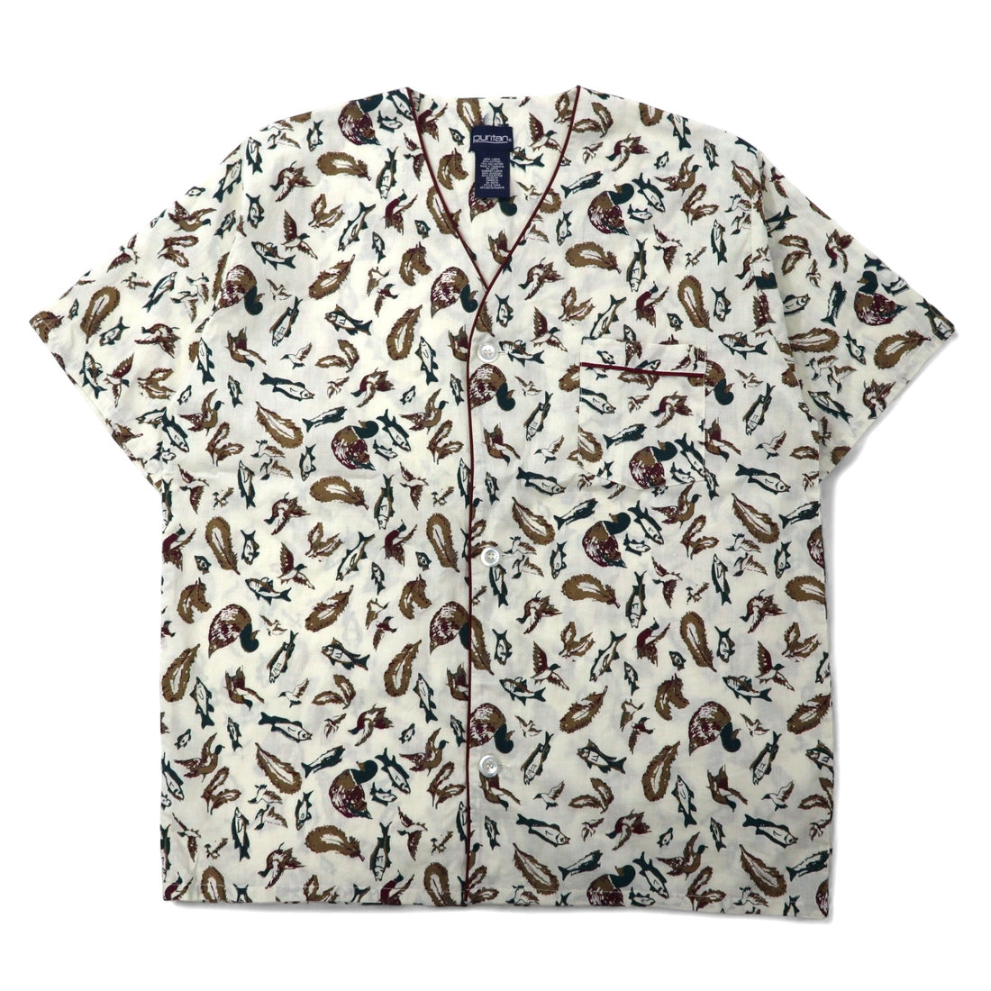 日本然リトテ-古着オンライン-90年代 puritan ノーカラー 半袖シャツ L ベージュ コットン 総柄 魚 カモ-90's puritan collarless short sleeve shirt L beige cotton patterned fish camo