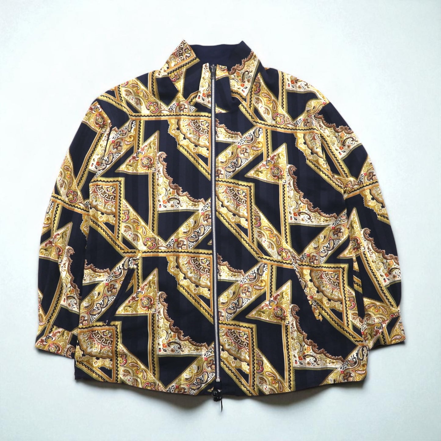 90s Vintage Reversible Satin Jacket, XL, Navy, with Paisley Print Scarf