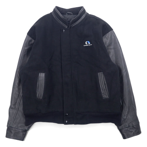 日本然リトテ-古着オンライン-90年代 CANADA SPORTS WEAR レザー切替 メルトン スタジャン XL ブラック ウール Canadian Natural ロゴ刺繍-90's CANADA SPORTS WEAR Leather Melton Varsity Jacket XL Black Wool Canadian Natural Logo Embroidery