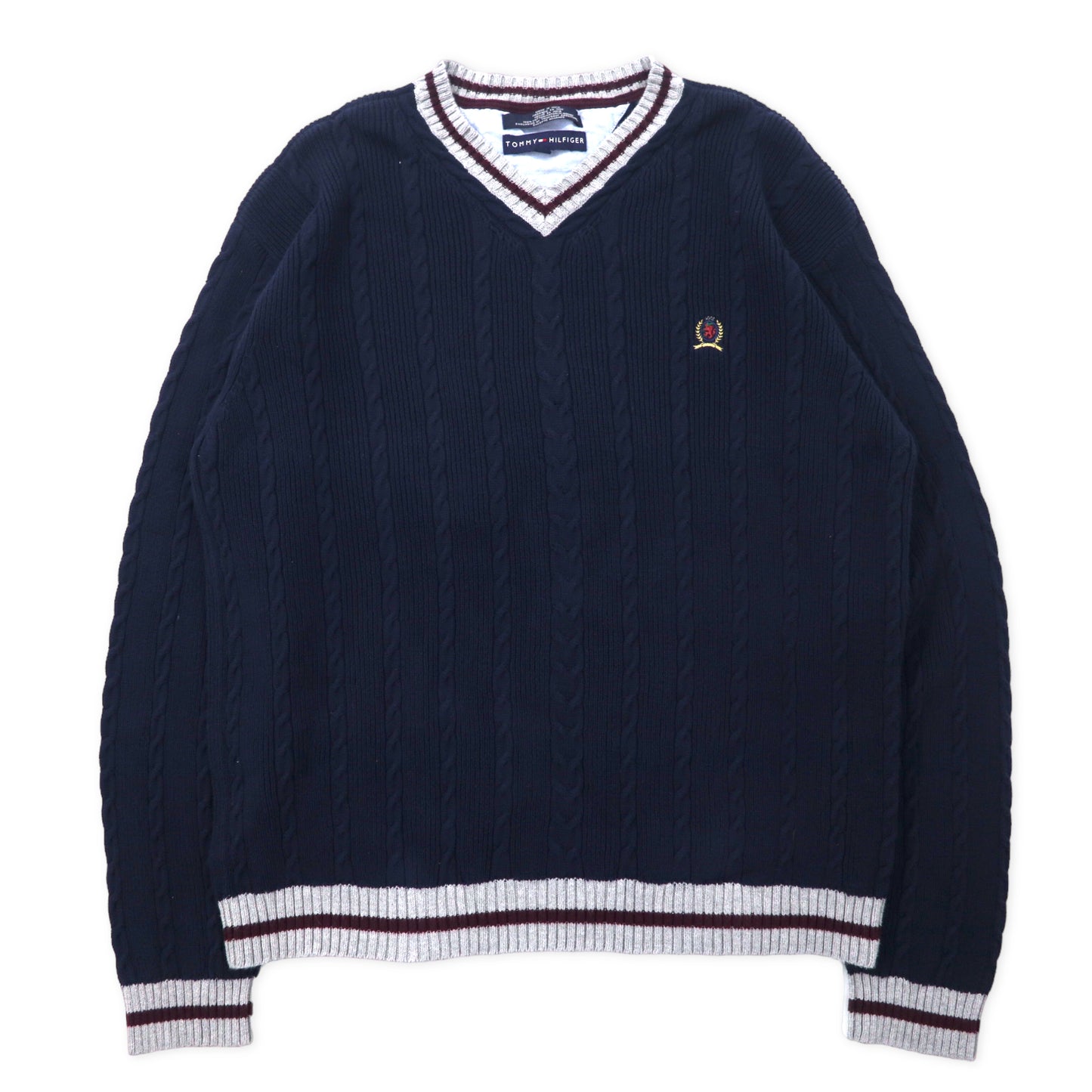 TOMMY HILFIGER Vネック チルデンニット セーター L ネイビー コットン ワンポイントロゴ刺繍 ビッグサイズ