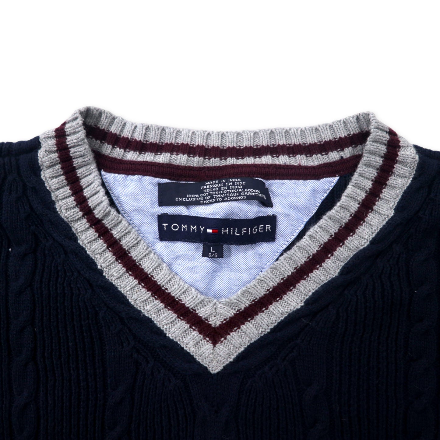 TOMMY HILFIGER Vネック チルデンニット セーター L ネイビー コットン ワンポイントロゴ刺繍 ビッグサイズ