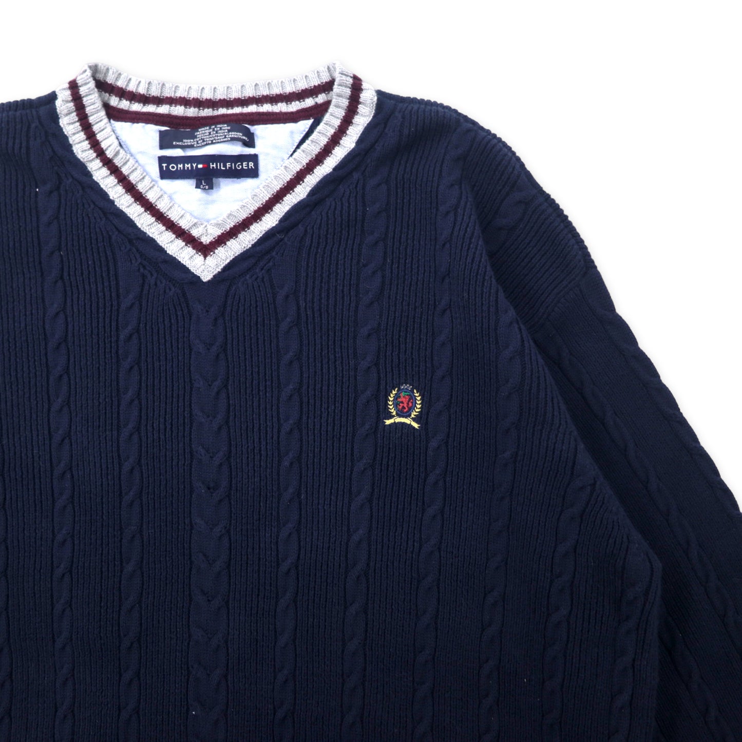 TOMMY HILFIGER Vネック チルデンニット セーター L ネイビー コットン ワンポイントロゴ刺繍 ビッグサイズ