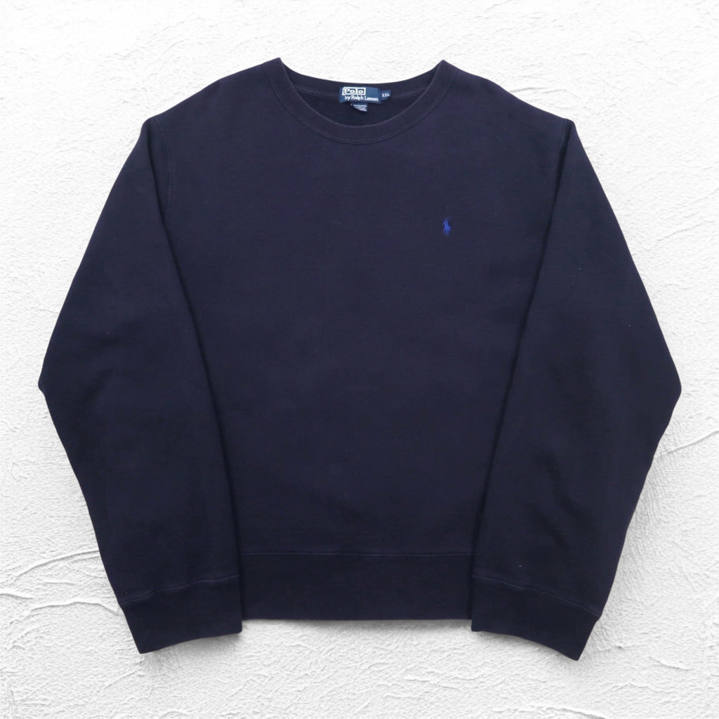 Polo by Ralph Lauren 90s Crew Neck Sweatshirt, 2XL, Navy, Fleece Lining, Small Pony Embroidery