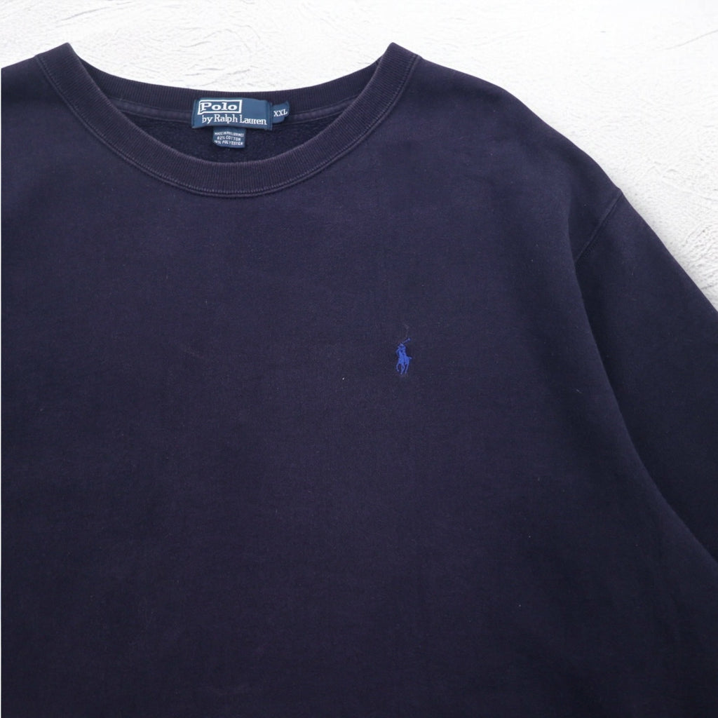 Polo by Ralph Lauren 90s Crew Neck Sweatshirt, 2XL, Navy, Fleece Lining, Small Pony Embroidery