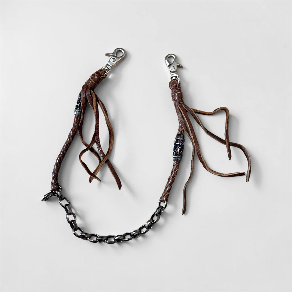 ALZUNI AZ950 Braided Leather Wallet Chain Brown Silver-Tone Chain Double Clasp Tassel Biker Style