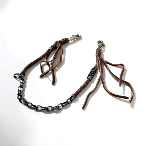 ALZUNI AZ950 Braided Leather Wallet Chain Brown Silver-Tone Chain Double Clasp Tassel Biker Style