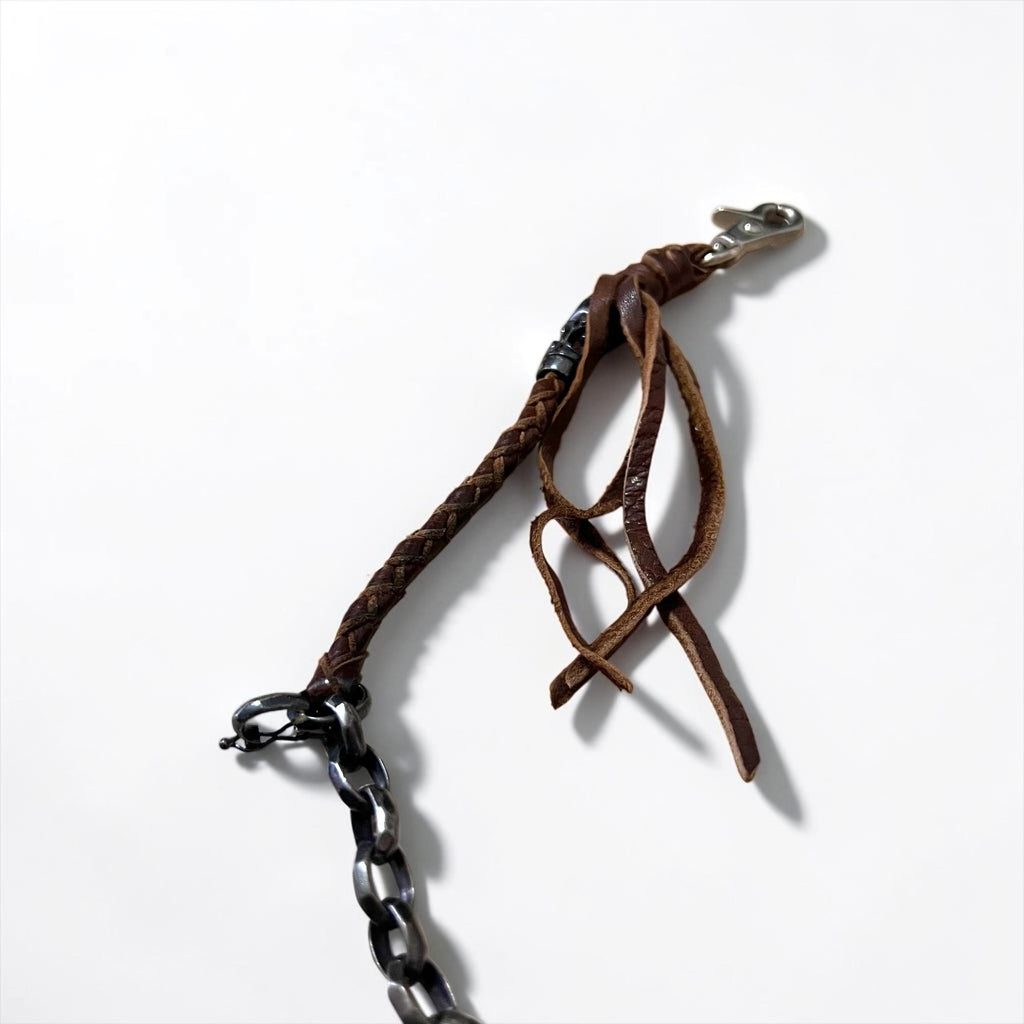 ALZUNI AZ950 Braided Leather Wallet Chain Brown Silver-Tone Chain Double Clasp Tassel Biker Style