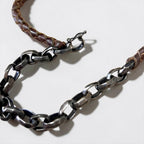 ALZUNI AZ950 Braided Leather Wallet Chain Brown Silver-Tone Chain Double Clasp Tassel Biker Style