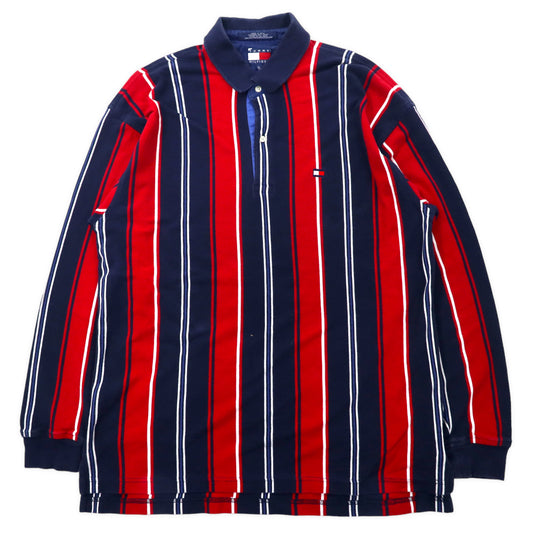 日本然リトテ-古着オンライン-TOMMY HILFIGER 90年代 マルチストライプ ラガーシャツ 長袖ポロシャツ XL ネイビー コットン ビッグサイズ-TOMMY HILFIGER 90's Multi Striped Rugby Shirt Long Sleeve Polo Shirt XL Navy Cotton Big Size