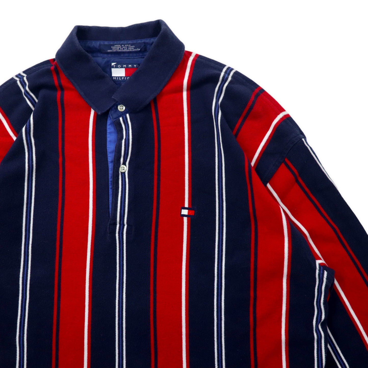 TOMMY HILFIGER 90年代 マルチストライプ ラガーシャツ 長袖ポロシャツ XL ネイビー コットン ビッグサイズ