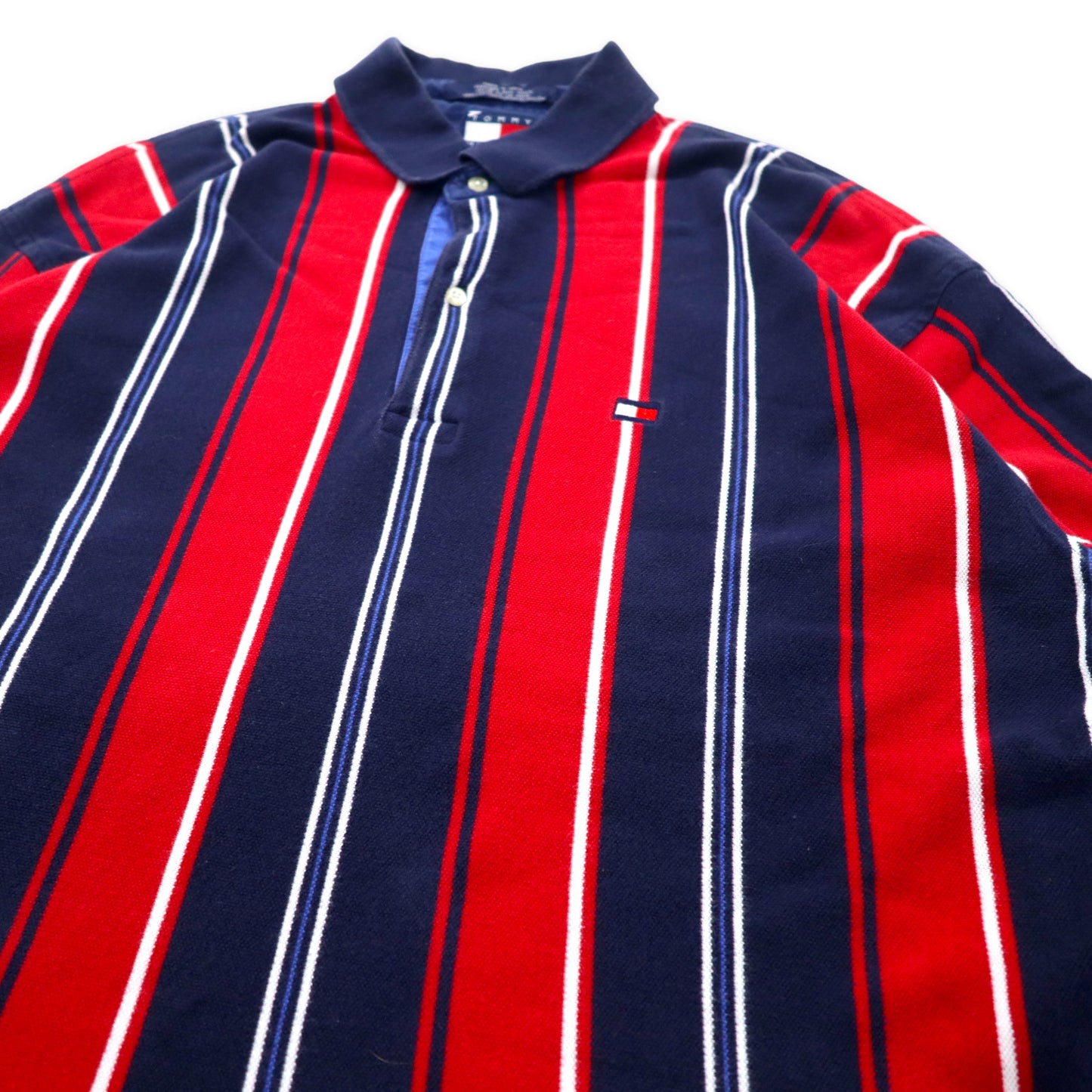 TOMMY HILFIGER 90年代 マルチストライプ ラガーシャツ 長袖ポロシャツ XL ネイビー コットン ビッグサイズ