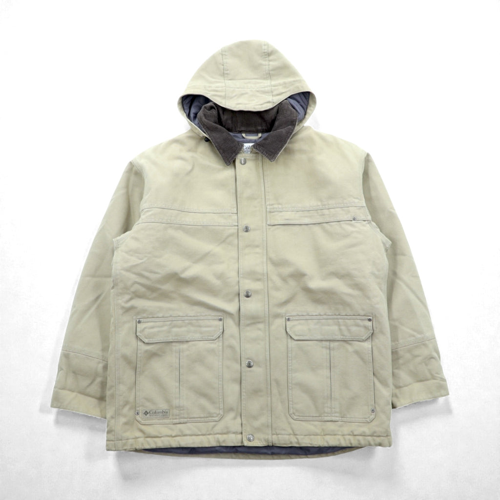 Columbia ダック地 中綿 ワークジャケット カバーオール XL ベージュ 襟コーデュロイ フード着脱 PM5028