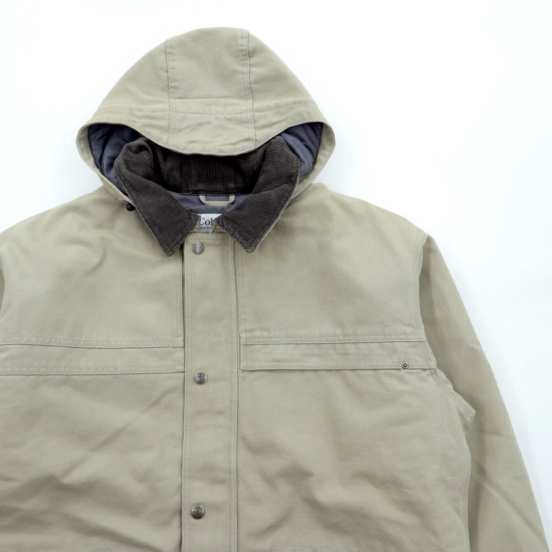 Columbia Coverall XL Duck Padded Work Jacket, Beige, Corduroy Collar, Detachable Hood, PM5028
