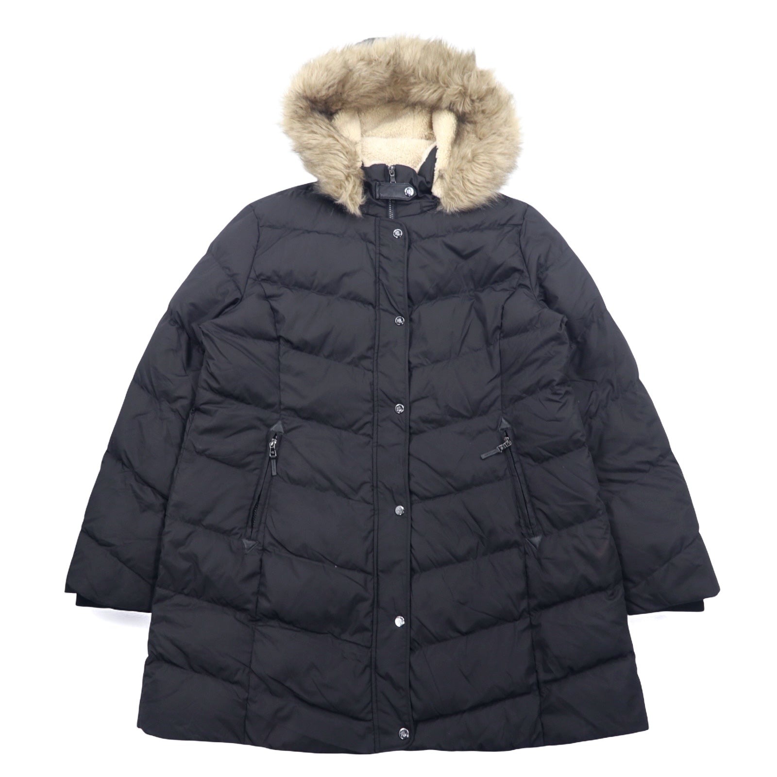 日本然リトテ-古着オンライン-LAUREN RALPH LAUREN Aライン ダウンコート XXL ブラック ポリエステル ファー フード着脱式-LAUREN RALPH LAUREN A-Line Puffer Coat XXL Black Polyester Fur Hoodie detachable